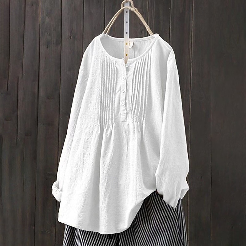 Women's Blouse Faux Cotton Linen Ruched Buttons Plain Modern Casual Long Sleeve Crew Neck Regular Tops Daily Going out White Yellow Pink Navy Blue Summer 2026 - $6.49 –P9