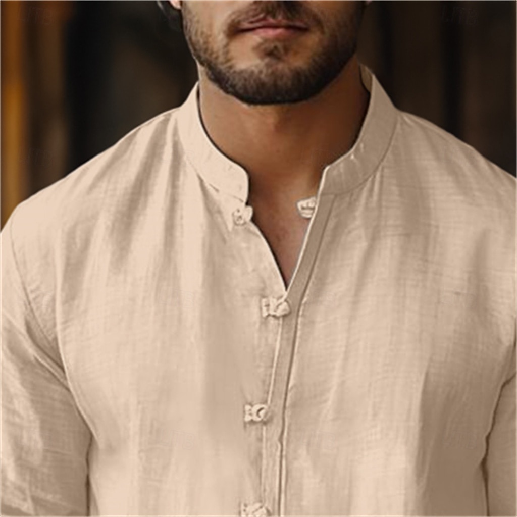 2026年 男性用 シャツ リネンシャツ サマーシャツ 純色 ストリート デイリーウェア ホワイト ネイビーブルー グリーン ベージュ 長袖 衣類  コレクション – $28.99 –P7