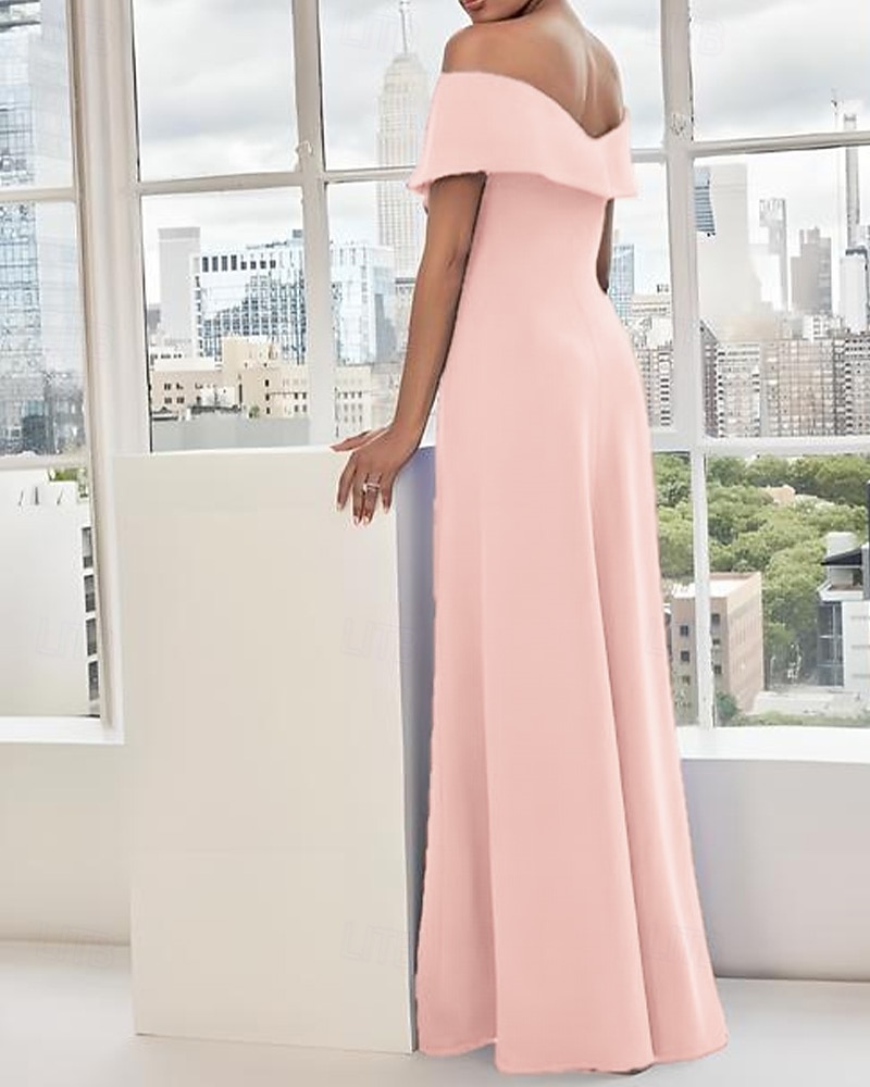 vestido de mãe da noiva em corte A vestido derby elegante com fenda alta ombros de fora comprimento até o chão crepe sem mangas com flor franzida 2025 de 2025 por $130.99 –P3
