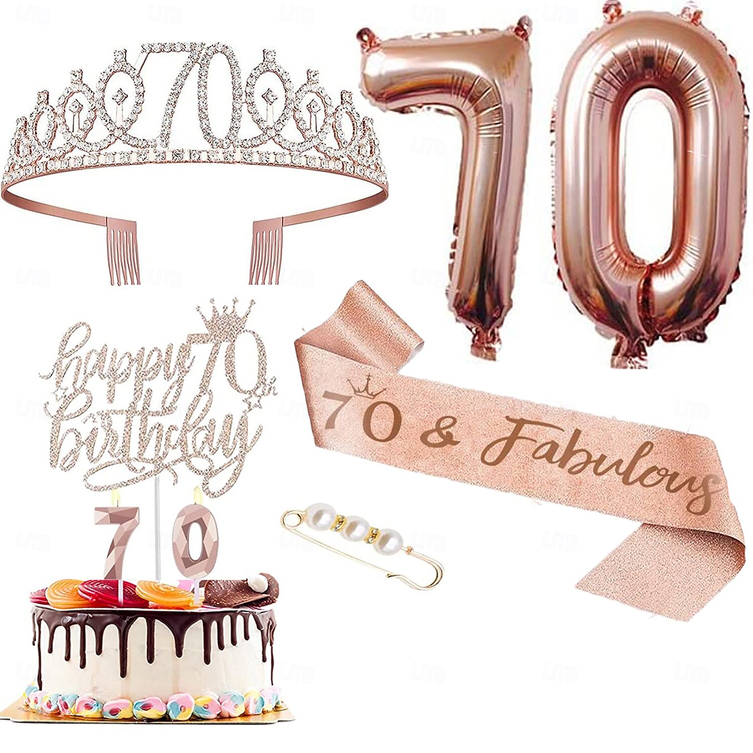 set deluxe da 6 pezzi per festa di compleanno in oro rosa - numeri di palloncini (10-80), tiara, fascia, candeline per torta, cake topper - per bambine & donne del 2025 a $13.99 –P5