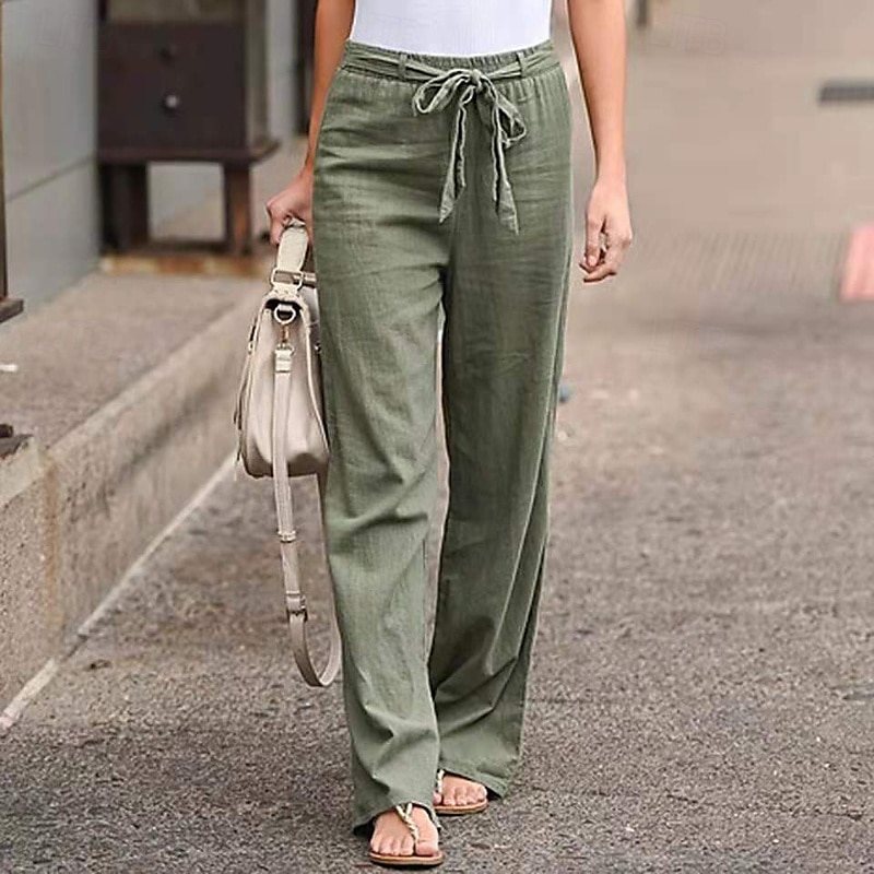 Femmes Pantalon en coton et lin Slacks Mode Streetwear Confort Longueur complète Taille haute Uni Conception à cordon élastique Confortable Rue Sortir Bleu œuf de mer Gris Noir Blanche Été Coupe de 2025 ? $21.99 –P7