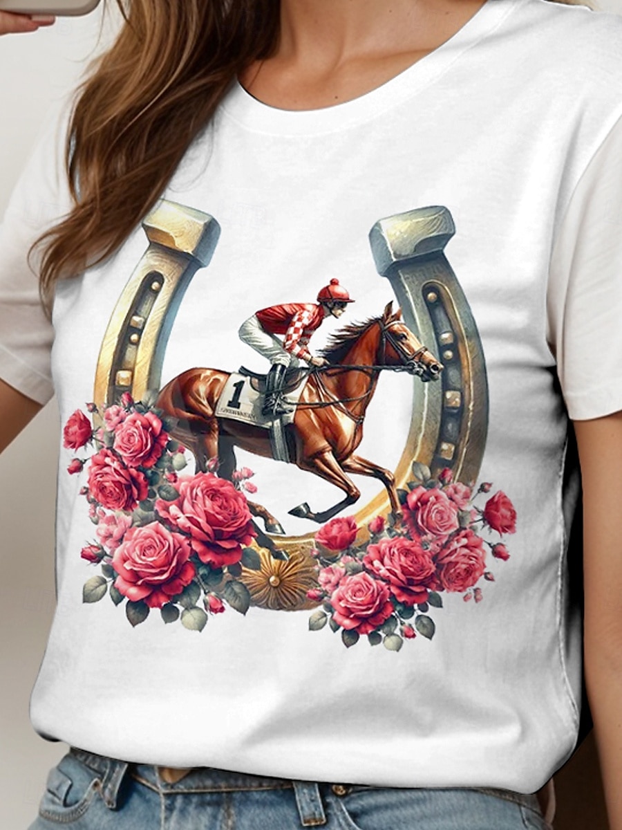 Kentucky Derby kvinnors skjorta bomull blomster grafisk djur casual kort ärm crew neck vanlig toppar daglig tryck vit sommar vår 2025 - $19.99 –P3