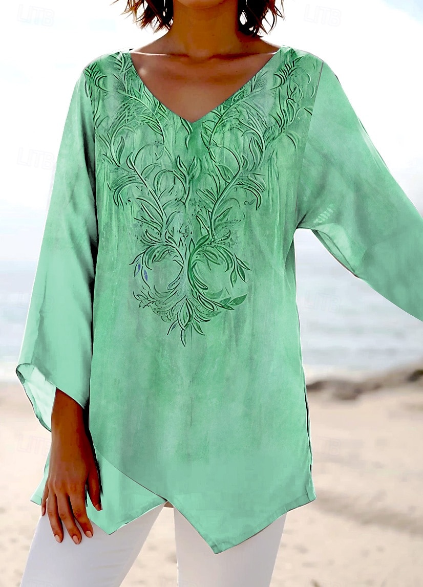 Women's Blouse Floral Graphic Stylish Ethnic Beach Short Sleeve V Neck Regular Tops Daily Holiday Print Pink Blue Purple Green Summer Spring 2025 - $25.99 –P4