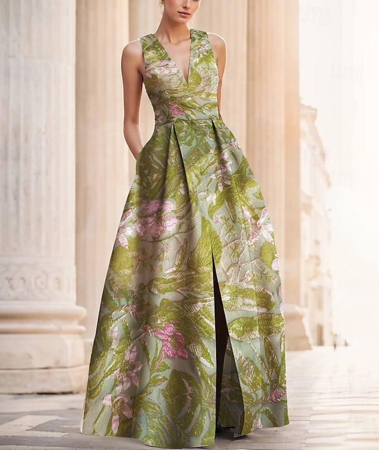 Robe de soirée A-Line en jacquard floral verte élégante Robe de mariage formelle longueur au sol sans manches en V en nylon avec poche fente Robe invitée de mariage de 2025 ? $139.99 –P4