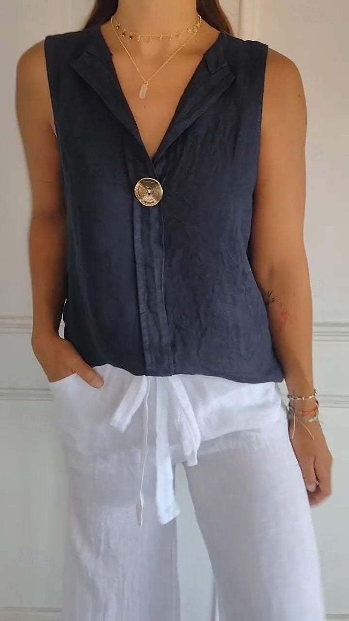 Women's Cotton Linen Shirt Blouse Solid Color Elegant Casual Sleeveless V Neck Regular Tops Daily Holiday Buttons White Navy Blue Green Khaki Summer Spring 2025 - $17.99 –P6