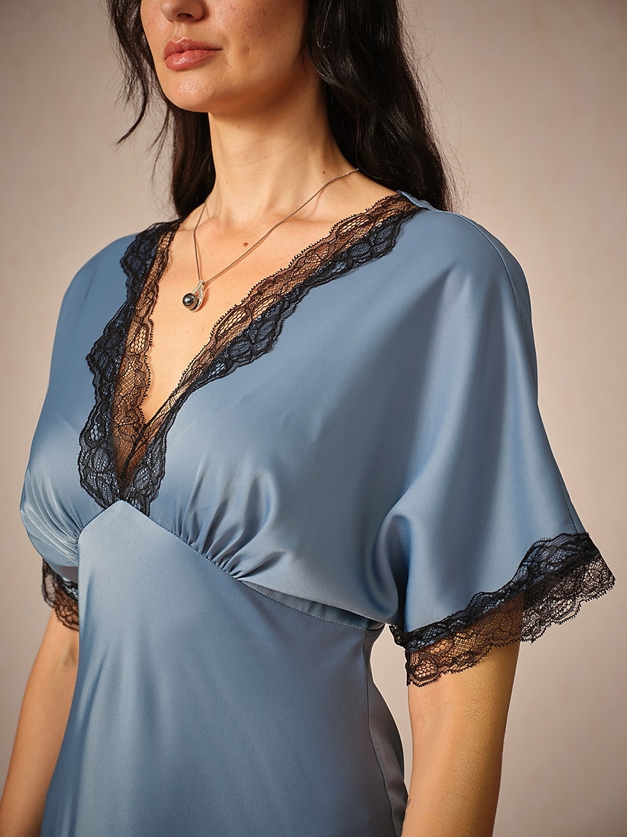 Dames Maxi-jurk Schede jurk Elegant Stijlvol Bruiloft Feest Dagelijks Ruim Passend Effen Kleur Korte mouw V-hals blauw Zomer 2025 - $49.99 –P3