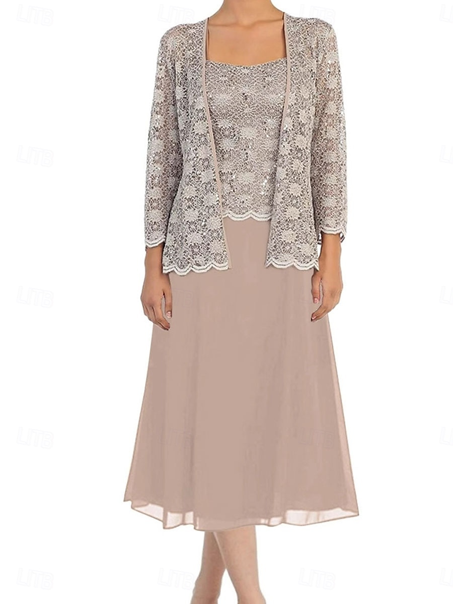Ensembles de Robes Robe de Mère de Mariée  Élégant Simple Une Épaule Longueur thé Polyester manche longue avec Dentelle Couleur Unie 2025 de 2025 ? $101.99 –P5
