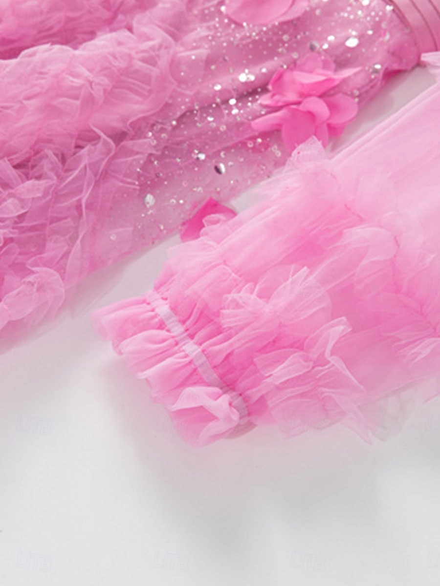 Šaty do A quinceanera růžové šaty květy svatební svatební host maxidélka dlouhý rukáv s kulatým výstřihem s volány 2025 - $169.99 –P7