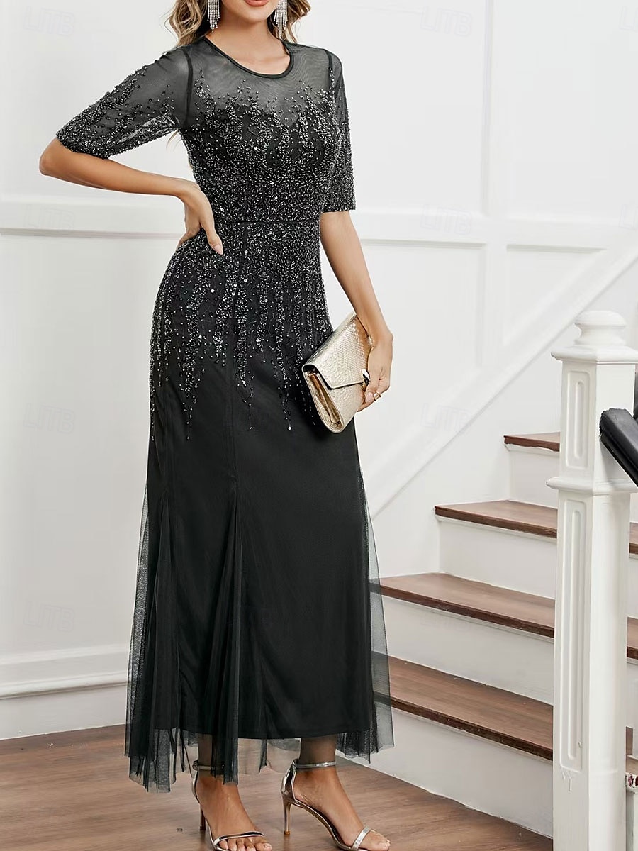 Dress Mother of the Bride Dress Elegant Party Black Dress Crew Neck Floor Length Polyester Half Sleeve with Sequin 2025 2025 - $129.99 –P6