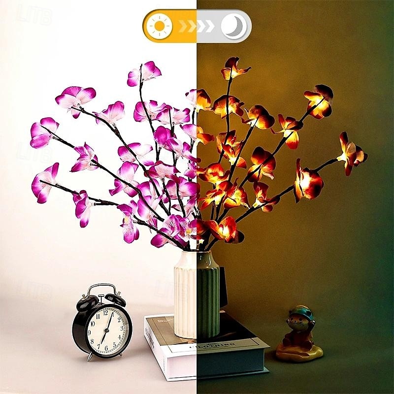 1 veilleuse LED décorative en forme d'orchidée papillon violette avec 20 perles lumineuses émettant des branches pour décoration d'intérieur, festival, mariage, maison, boîte à piles AA de 2025 ? $9.99 –P4
