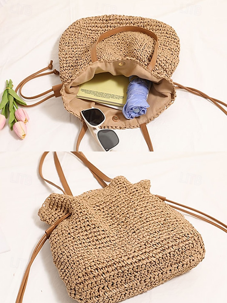 ręcznie tkana słomiana torba typu bucket – torba na ramię ze ściągaczem boho, lekka letnia torebka plażowa dla kobiet, swobodny dodatek na wakacje i podróż w kolorze beżowym, kawowym 2025 - $24.99 –P6