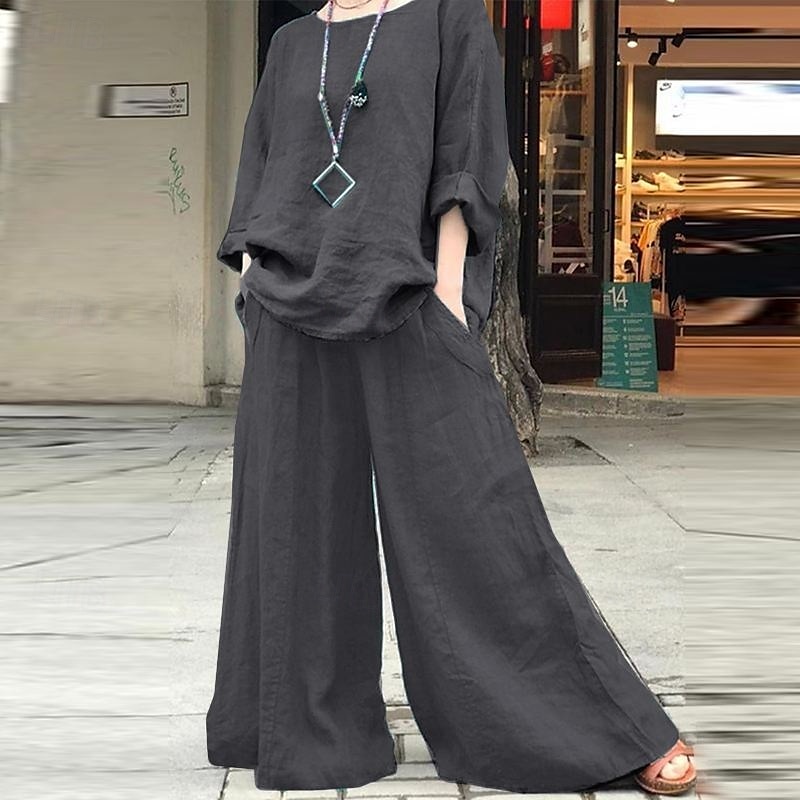 Women's Streetwear Daily Cotton Linen Sets Two Piece Sets Pants Sets Long Sleeve Crew Neck Solid Color Daily Wear Casual Daily Green Khaki Gray Summer Regular Fit 2025 - $23.99 –P2
