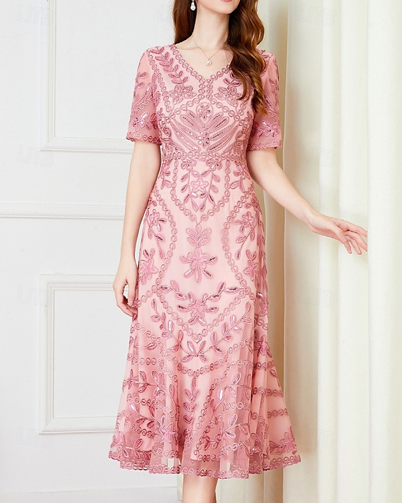 A-Linie Kleid Mutter der Braut Kleid Elegant Vintage Party V-Ausschnitt Tee-Länge Kordelspitze Kurzarm mit Spitze Pailletten Midi Kleid 2025 - $131.99 –P3