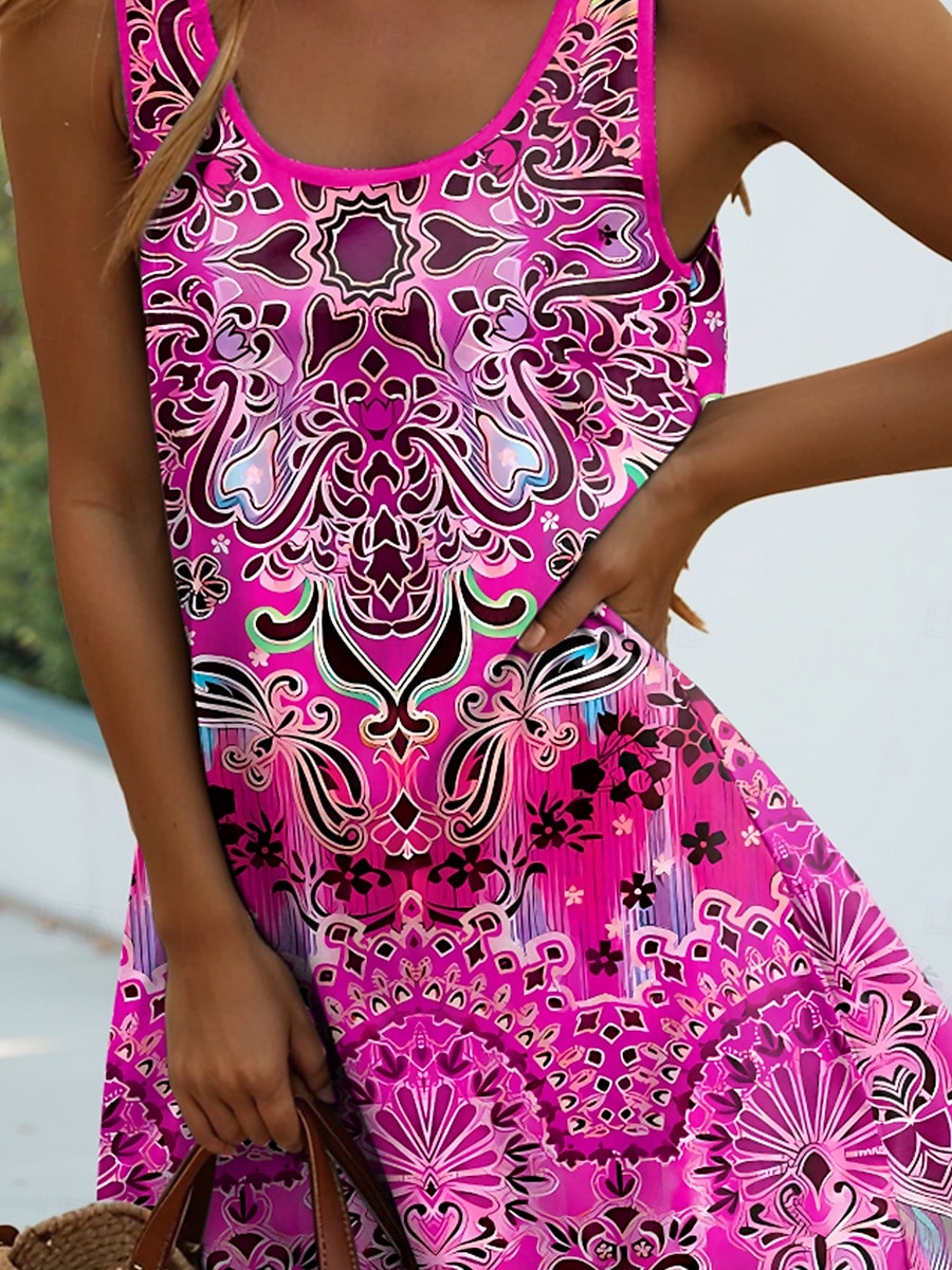 Pentru femei Rochie Mini Rochie A line Rochie de vară Rochie cu umeri Vacanță Casual Zilnic Potrivire Largă Grafic Geometric Fără manșon În U Mov Portocaliu Trifoi Vară 2025 - $21.99 –P3