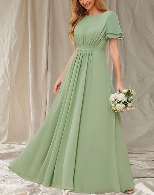 Vestido de dama de honra em linha A, gola redonda, manga curta, elegante, comprimento até o chão, chiffon com faixa / fita / franzido 2025 de 2025 por $152.99 –P4