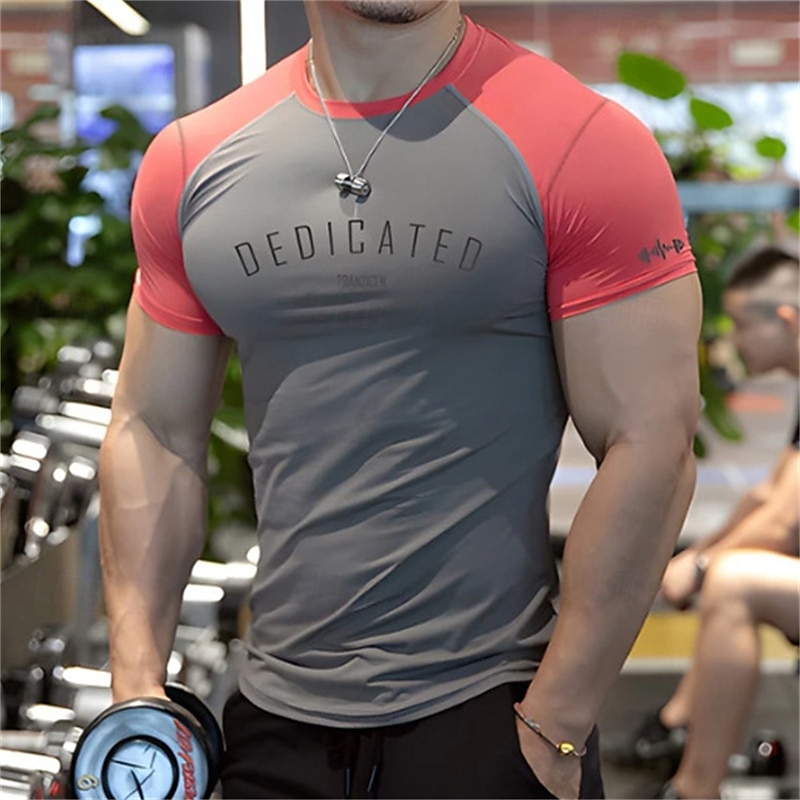 Men's Gym Shirt Compression Shirt Fitness Shirt Crew Neck Short Sleeves Casual Daily Gym Quick dry High Stretch Sweat wicking Patchwork Color Block Black White Hot Stamping Activewear Polyester 2025 - $11.49 –P4