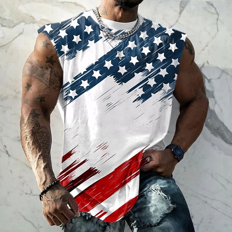 2026年 男性用 アメリカの米国旗 アンダーシャツ ノースリーブ Tシャツ 3Dプリント クルーネック シャツ ファッション ストリート スポーツ・アウトドア カジュアル ホワイト 夏 春 衣類 S M L XL XXL XXXL  コレクション – $16.49 –P1