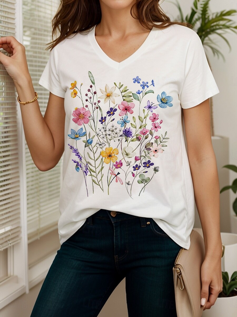 Dames T-shirt Bloemig Grafisch Casual Korte mouw V-hals Normale tops Dagelijks Uitgaan Strand Kleding Afdrukken Wit Zomer 2025 - $24.99 –P5