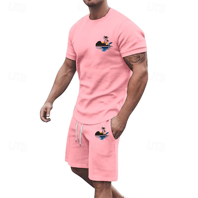 Herr T-shirtkostymer 2 delar outfits T-shirt och shorts Kortärmad Rund hals Sommar Kokosnötsträd Mode Ledigt 2 st Semester Dagliga kläder Utekväll Svart Vit Gul Topp t-shirt för män 2025 - $25.99 –P6