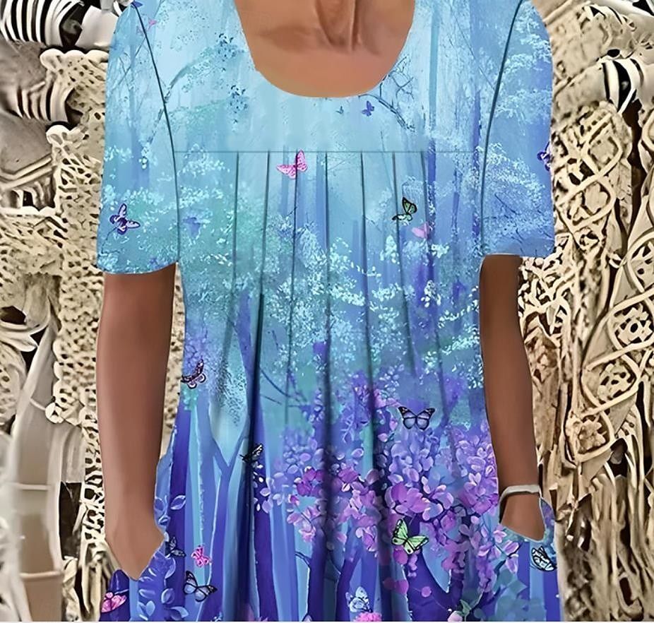 Abito Mini Femminile Abito Casual Abito Estivo Elegante Vacanza Vintage Vacanza Quotidiana Fit Largo Floral Grafica Maniche Corte Collo a Girocollo Blu Estate del 2025 a $30.99 –P2