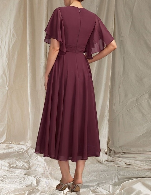 A-Linie Brautmutterkleid Hochzeitsgast Elegant V-Ausschnitt Tee-Länge Chiffon Kurzarm mit Applikationen Raffung Midi-Kleid 2025 2025 - $164.99 –P2