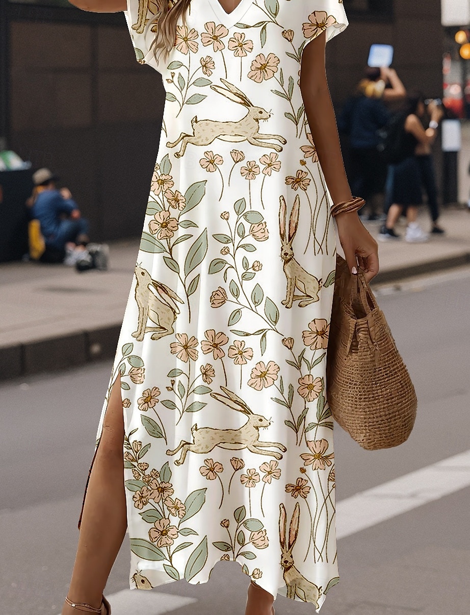 Women's Maxi Dress A Line Dress Summer Dress Casual Vacation Daily Regular Fit Floral Graphic Animal Short Sleeve V Neck Light Yellow Spring Fall 2025 - €28.99 –P3