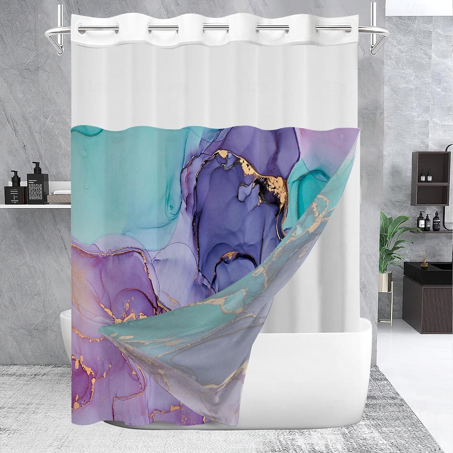 No Hook Shower Curtain 180cm*180cm(70"*70") Leaves Pattern Snap-In Fabric Liner Sheer Top Window Waterproof Double-Layer Bathtub Curtain 2025 - $60.99 –P6