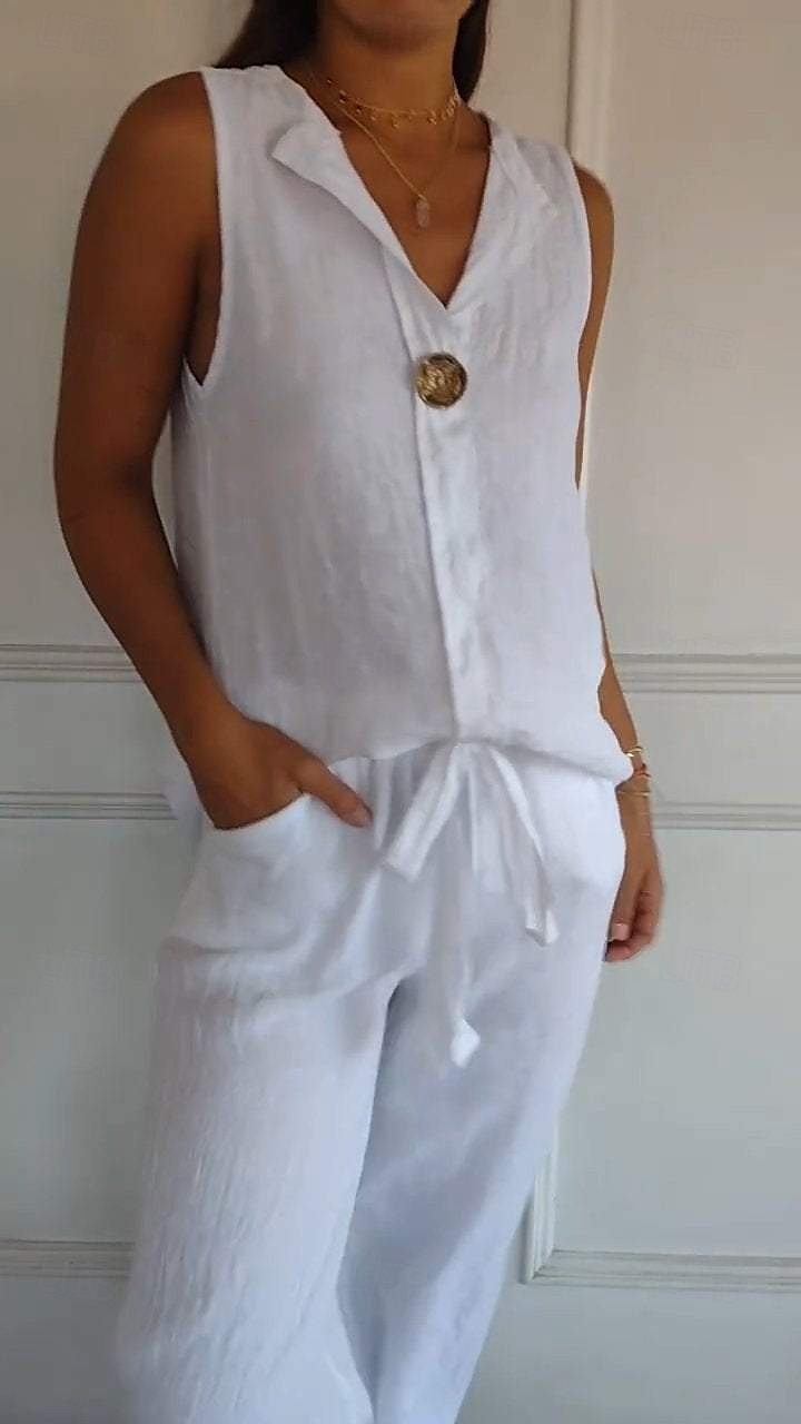 Women's Cotton Linen Shirt Blouse Solid Color Elegant Casual Sleeveless V Neck Regular Tops Daily Holiday Buttons White Navy Blue Green Khaki Summer Spring 2025 - $17.99 –P5