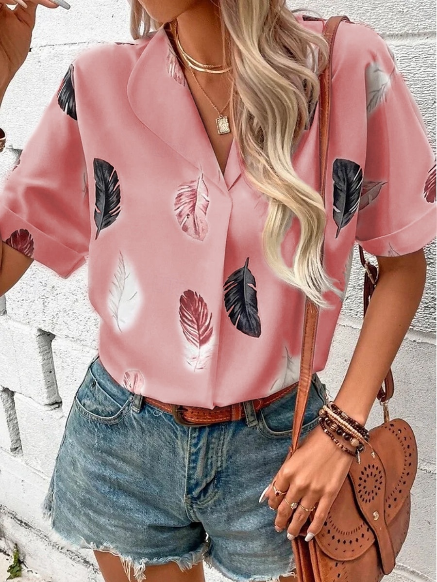 Women's Shirt Feather Stylish Casual Short Sleeve Shirt Collar Regular Tops Daily Buttons Print Black White Pink Wine Blue Summer Spring 2025 - $19.99 –P4