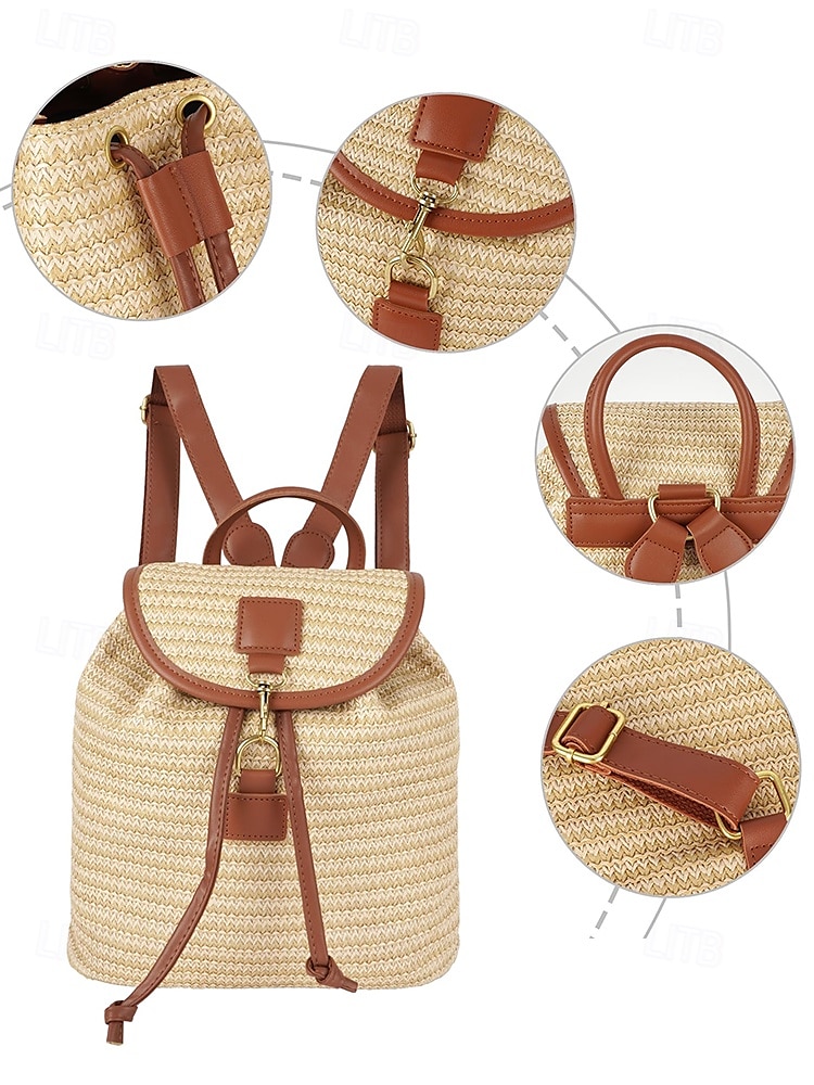 stro rugzak voor vrouwen – boho geweven rotan reistas met leren banden, chique zomer strand rugzak, casual vakantie & dagelijks gebruik handtas wit roze bruin 2025 - $29.99 –P10