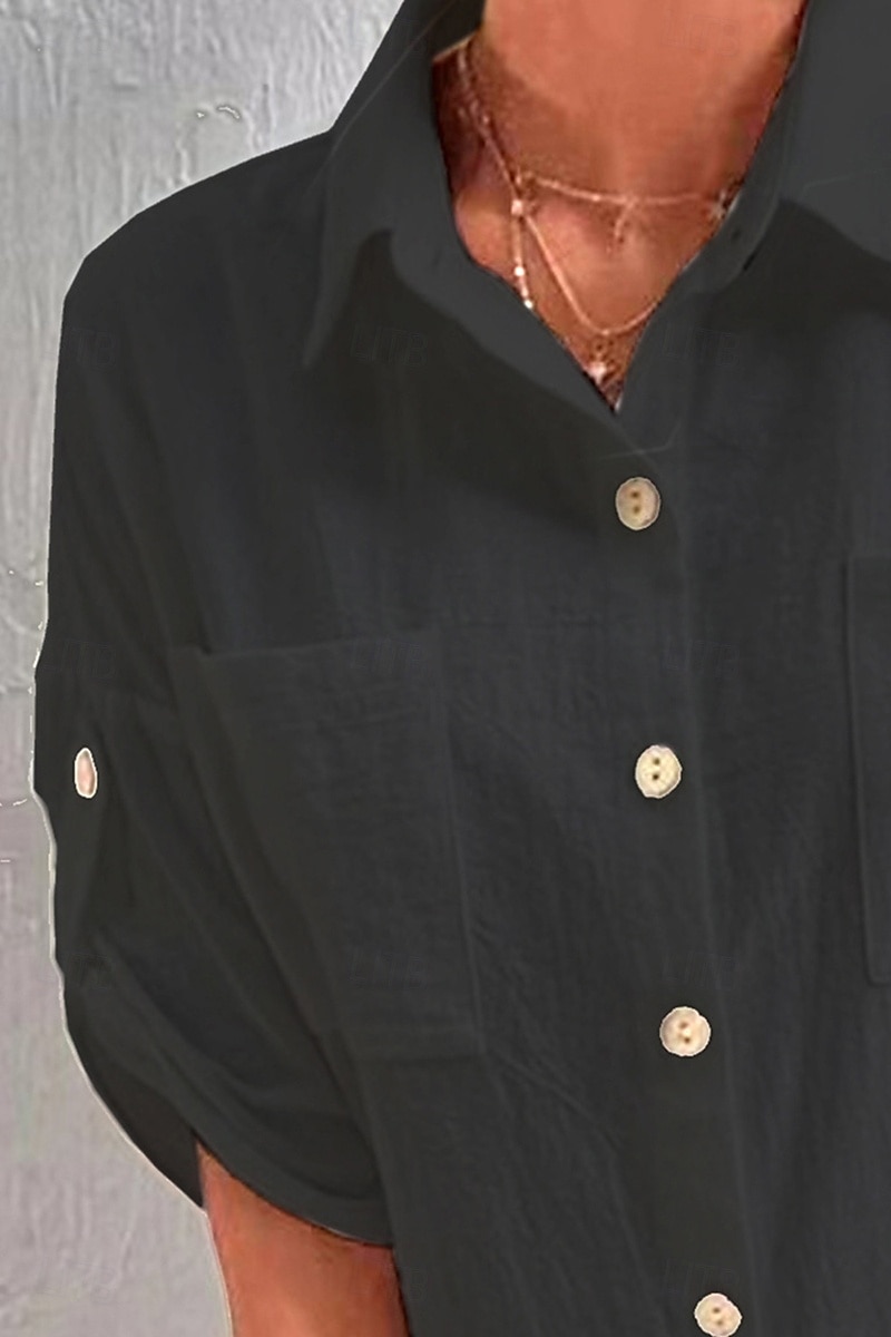 Damen Hemd Baumwoll-Leinen-Hemden Knopfleiste Bluse Einfach Basic Lässig Kurzarm Hemdkragen Normale Oberteile Ferien Ausgehen Knöpfe Tasche Schwarz Weiß Marineblau Khaki Grau Sommer 2025 - $21.99 –P22