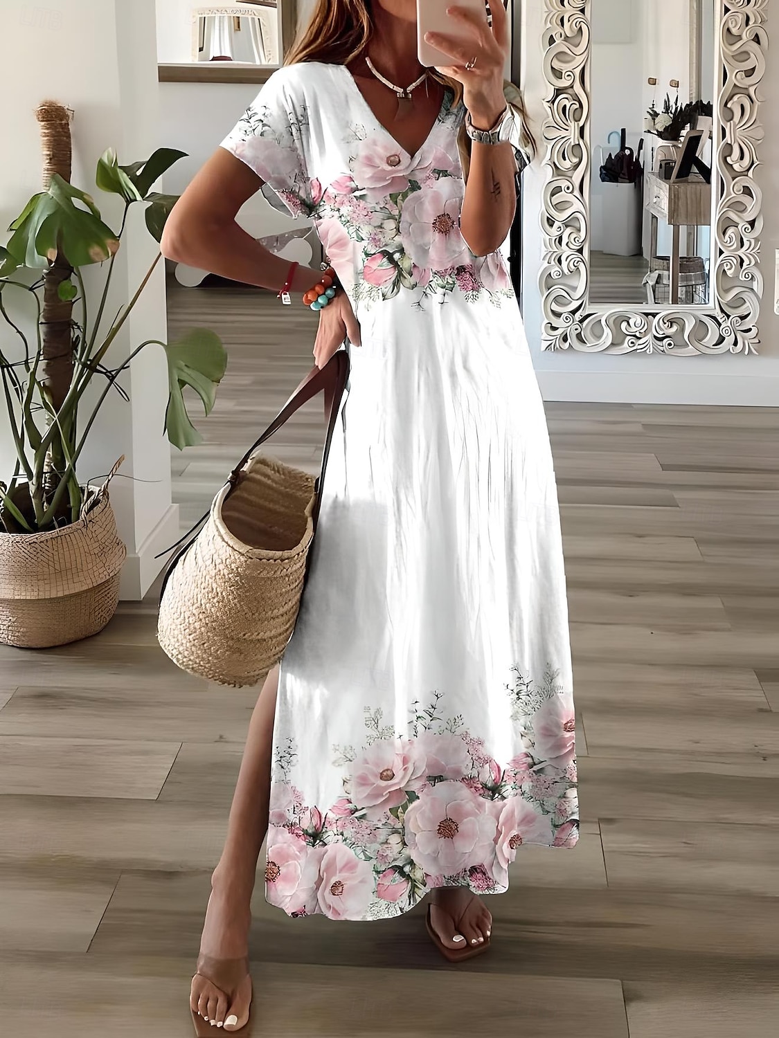 Femmes Robe maxi Robe d'Été Robe trapèze Vacances Occasionnel Chaussures de plage Soirée Sortir Coupe régulière Fleuri Graphique Manche Courte Col en V Rose Claire Blanche Rose Claire Printemps de 2025 ? $29.99 –P2