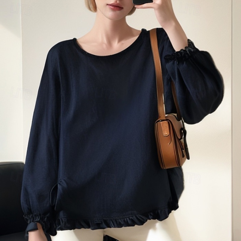 Women's Blouse Cotton Linen Shirts Plain Basic Modern Long Sleeve Square Neck Regular Tops Daily Holiday Going out Ruffle Black White Pink Army Green Navy Blue Summer 2025 - $22.99 –P8