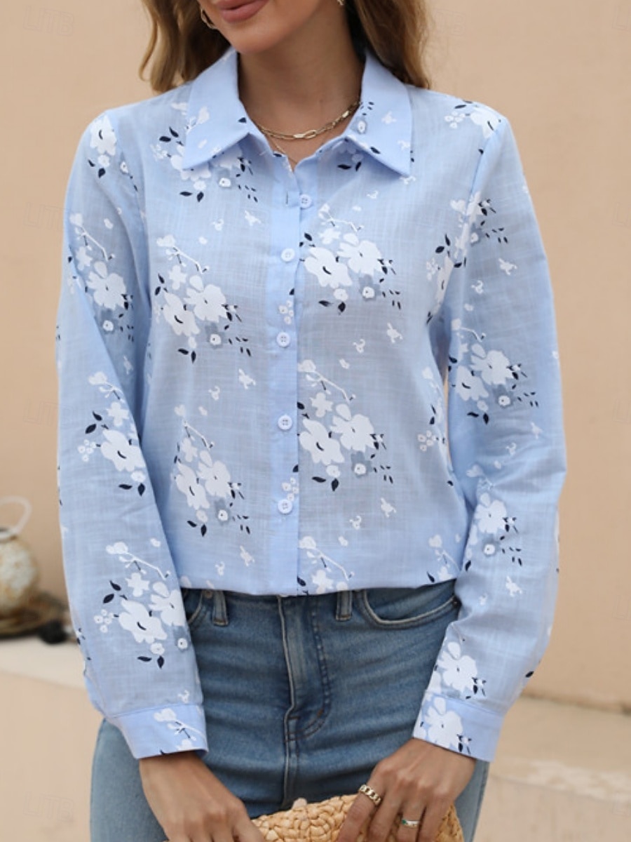 Damenhemd Floral Stylish Casual Langarmhemd Kragen Regelmäßige Tops Täglich Leinenähnliche Knöpfe Druck Weiß Gelb Hellblau Sommer Frühling 2025 - $19.99 –P9