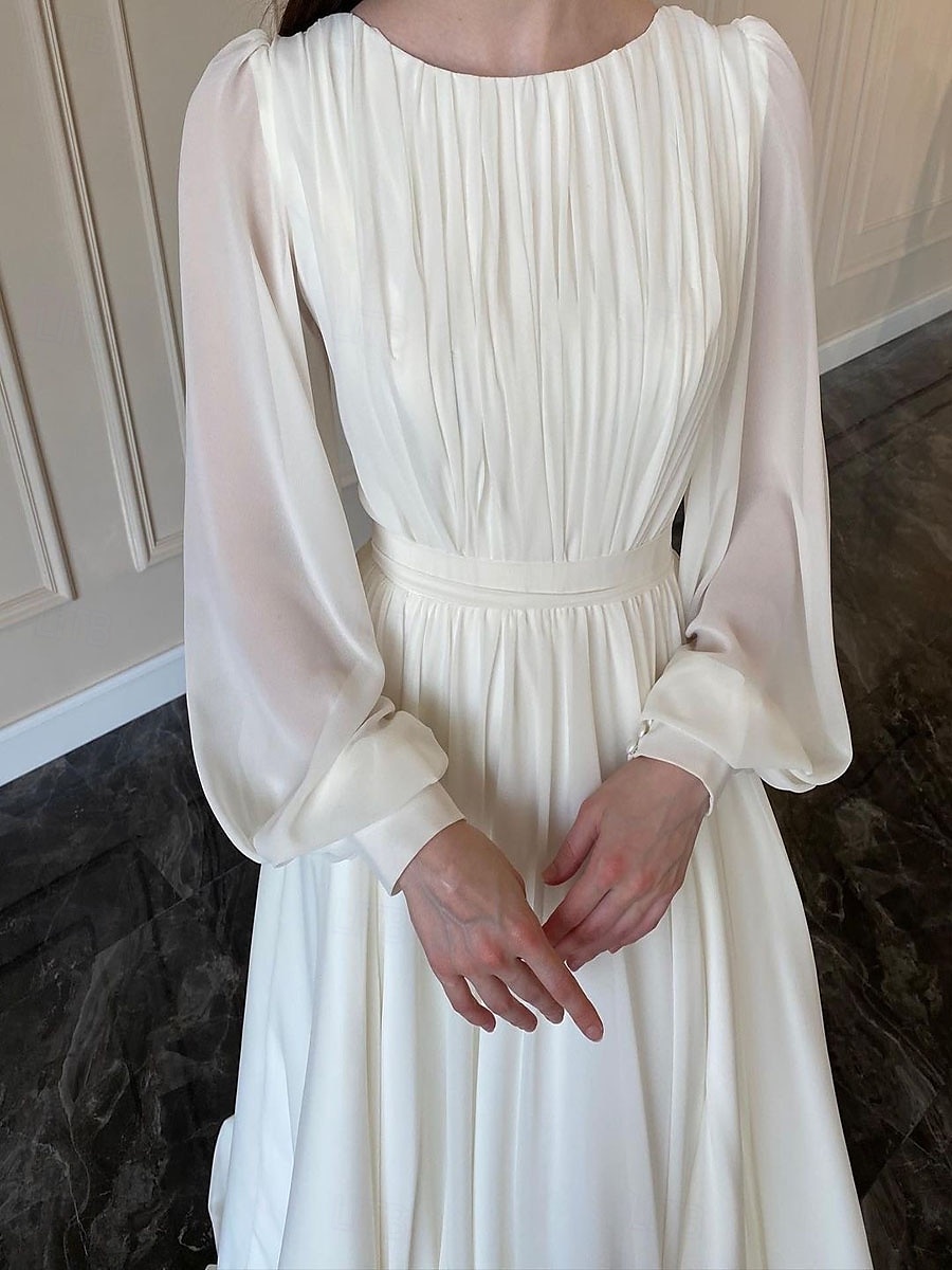 Erntedank Damen Normal kleid lang Weißes Kleid Chiffon-Kleid Schaukelkleid Elegant Ausgefallene Laternenärmel kleid hochzeitsgast Geburtstag Regular Fit Feste Farbe Langarm Rundhalsausschnitt Weiß 2025 - $38.99 –P4