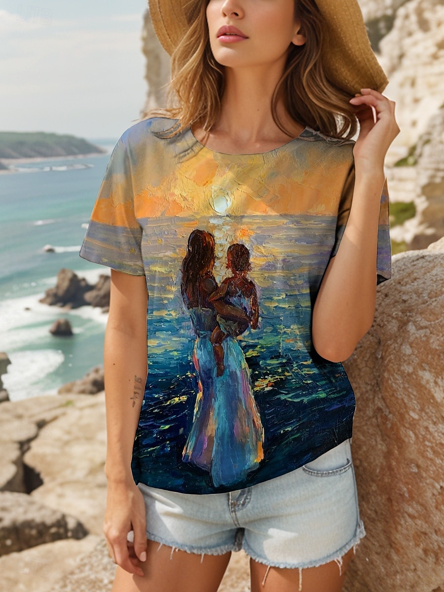 Día de la Madre Mujer Camiseta Ombre Mamá Graphic Elegante Casual Manga Corta Escote Redondo Tops regulares Diario Fin de semana Estampado Azul Piscina Verano Primavera 2025 - $19.99 -P1