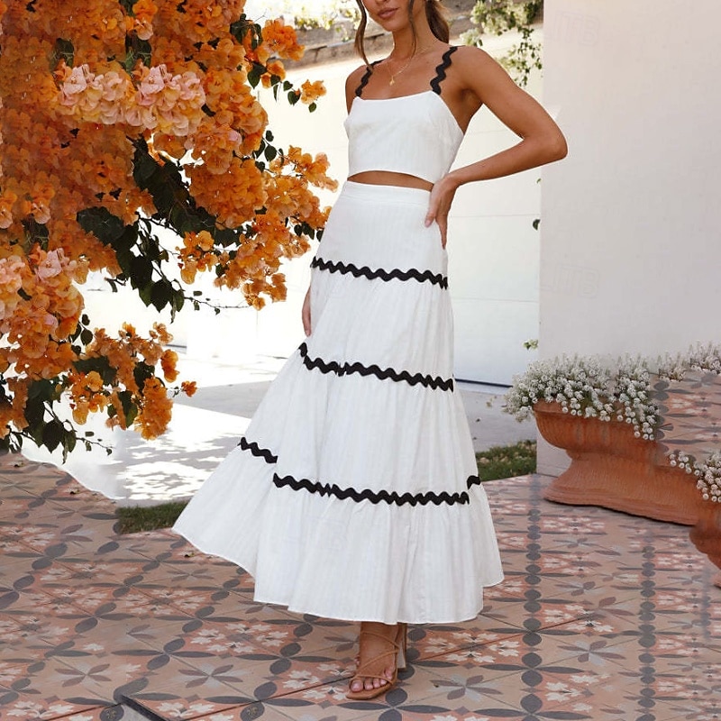 Damen Midikleid Weißes Kleid Abschlusskleid Zweiteiliges Kleid Mode Geburtstag Abschlussfeier Date Normale Passform Farbblock Ärmellos Spaghettiträger Hellgelb Weiß Sommer 2025 - $32.99 –P6