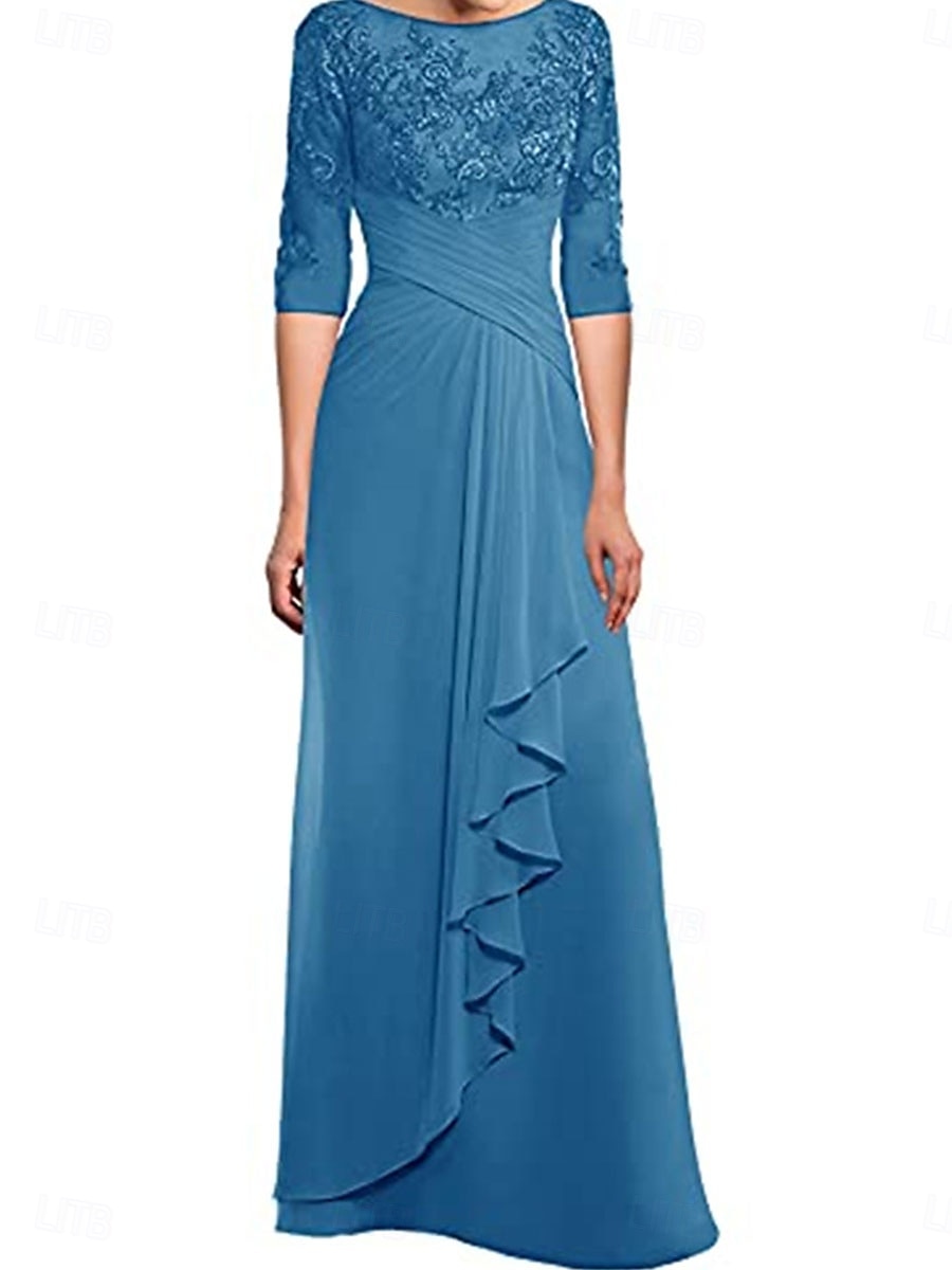 Kleid Mutter der Braut Kleid Elegantes Rundhalsbodenlänge Polyester 3/4 Ärmel mit einfarbig 2025 - $129.99 –P5