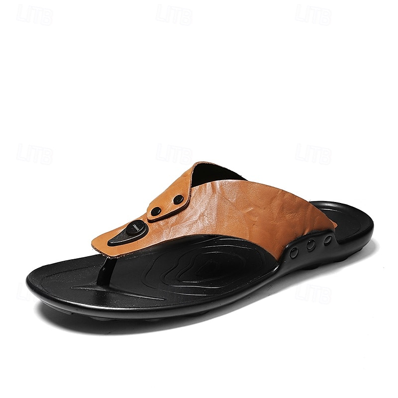 Moderne Flip-Flops aus hellbraunem Kunstleder für Herren mit doppelten Aussparungen und verstellbaren Riemen – vielseitiges Schuhwerk für Komfort im Alltag 2025 - $24.99 –P3