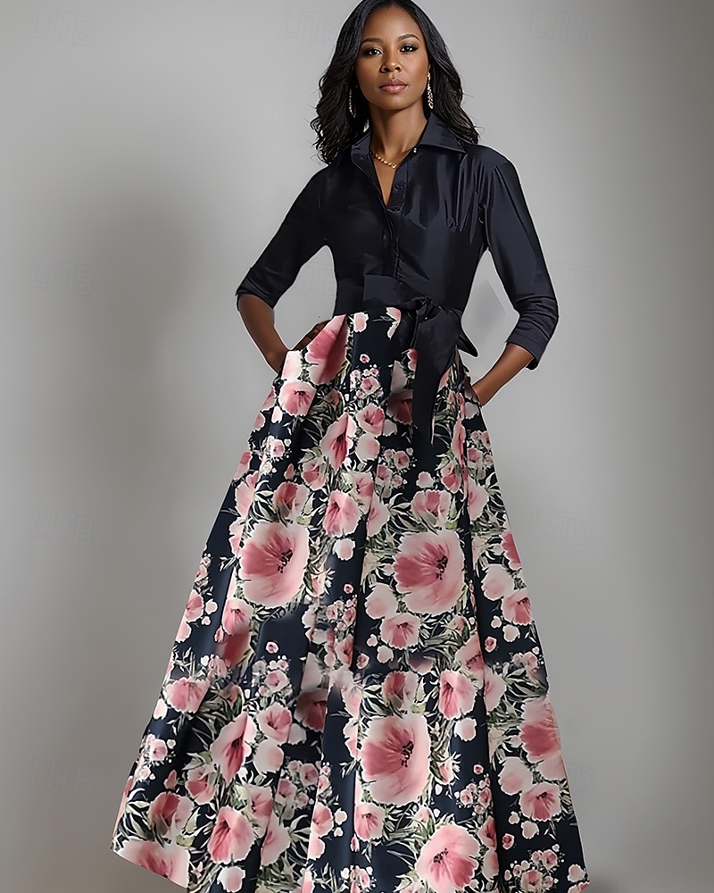 Robe mère de la mariée trapèze, imprimé floral, nœud élégant, plis, longueur au sol, col chemise, satin, manches 3/4 avec boutons, printemps été 2025 de 2025 ? $149.99 –P1