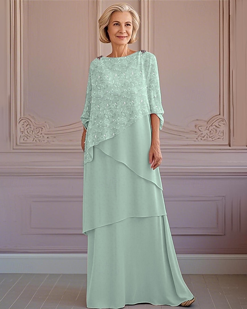 Suknia w kształcie litery A w kolorze niebiesko-zielonym z koronkowymi falbanami dla matki panny młodej Elegancka Vintage Suknia z Dekoltem w Kształcie Jewel z długością kostki Koronkowa z Pół 2025 - $178.99 –P2