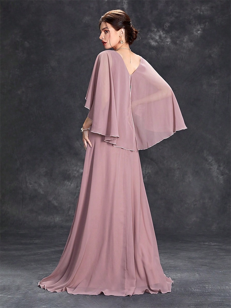 Dress Mother of the Bride Dress Elegant Party V Neck Floor Length Polyester Half Sleeve with Appliques 2025 2025 - $82.99 –P8