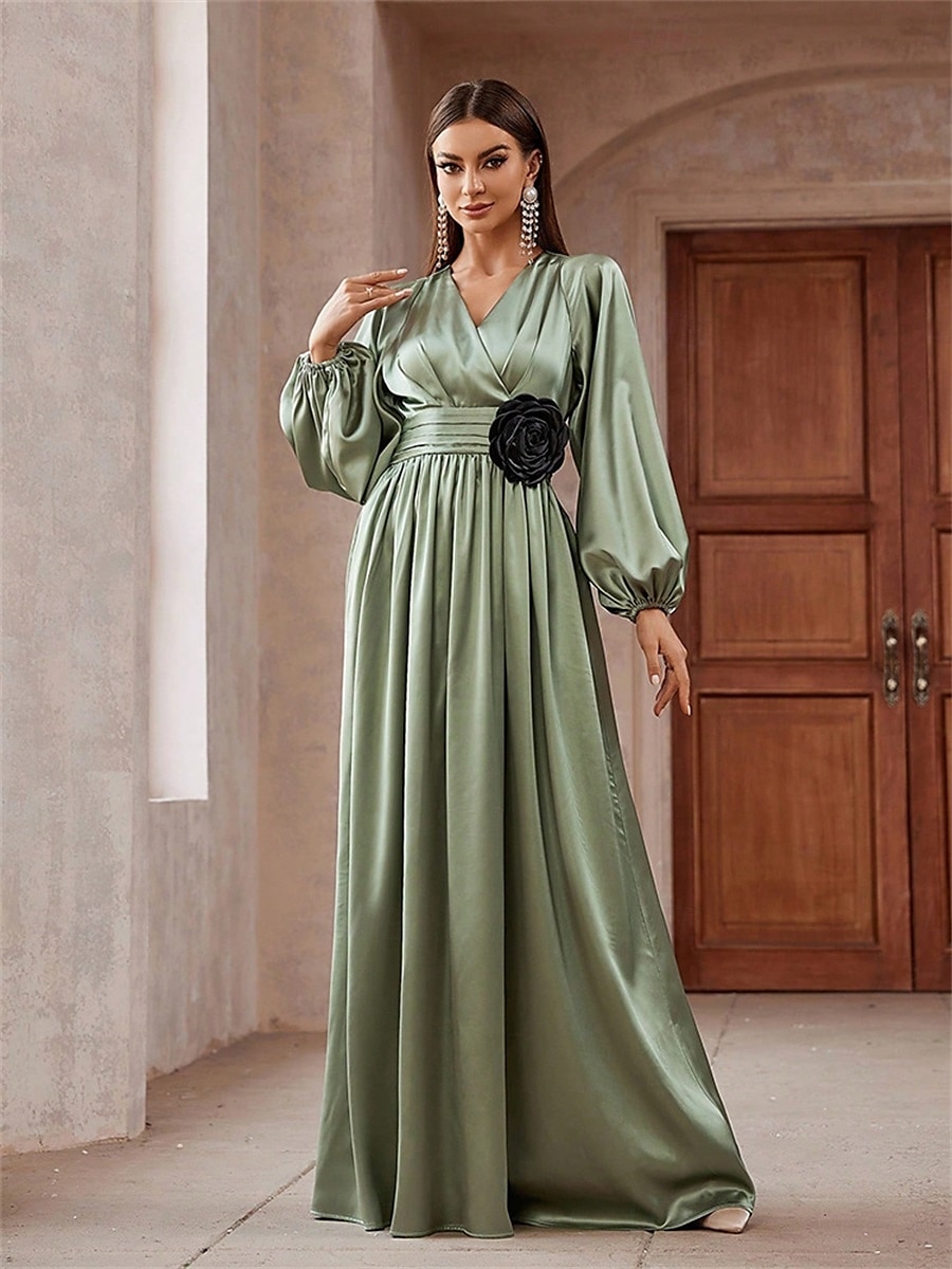 A-Linjet Quinceanera Klänningar Elegant Klänning Bröllop Bröllopsgäst Golvlängd Lång Ärmar V-Hals Polyester Med Fållar 2025 - $89.99 –P3