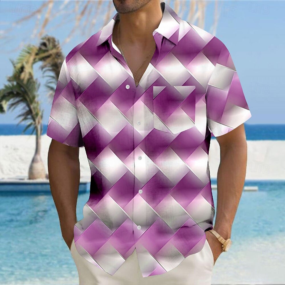 Men's Geometric Color Block Grid / Plaid Shirt Button Up Shirt Short Sleeve Fashion Casual Vacation Holiday Streetwear Summer Turndown 3D Print Collared Shirts Front One Pocket Blue Purple Green 2025 - $23.99 –P3