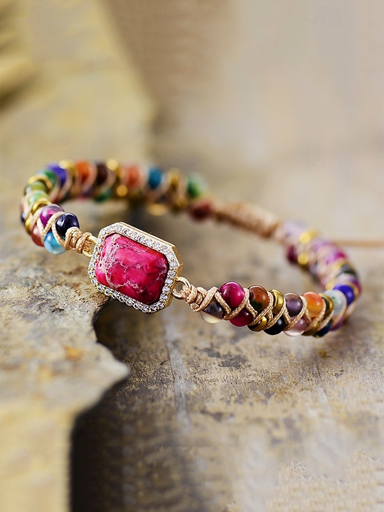 ręcznie robiona kolorowa bransoletka z naturalnych kamieni – boho koralikowa bransoletka z zawieszką z kryształków, regulowana biżuteria modowa dla kobiet, idealna na prezenty, imprezy i na co dzień 2025 - $18.99 –P4
