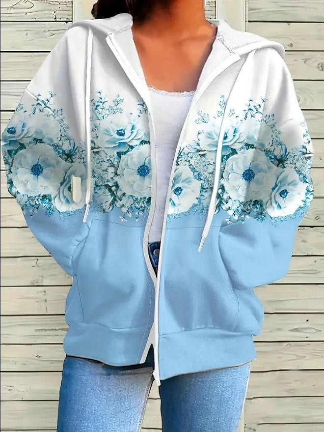 Kobieca bluza z zamkiem błyskawicznym oversize kwiatowa active vintage sportowa długi rękaw kaptur regularne bluzki casualowe wakacyjne z regulacją kieszeń z przodu różowy niebieski fuksja zielony 2025 - $24.99 –P4