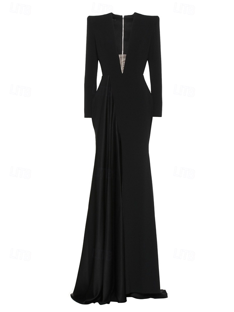 Robe de soirée en A robe élégante de mariage formelle traîne balayante/traîne courte à manches longues col en V en crêpe extensible avec plis fente de 2025 ? $158.99 –P6