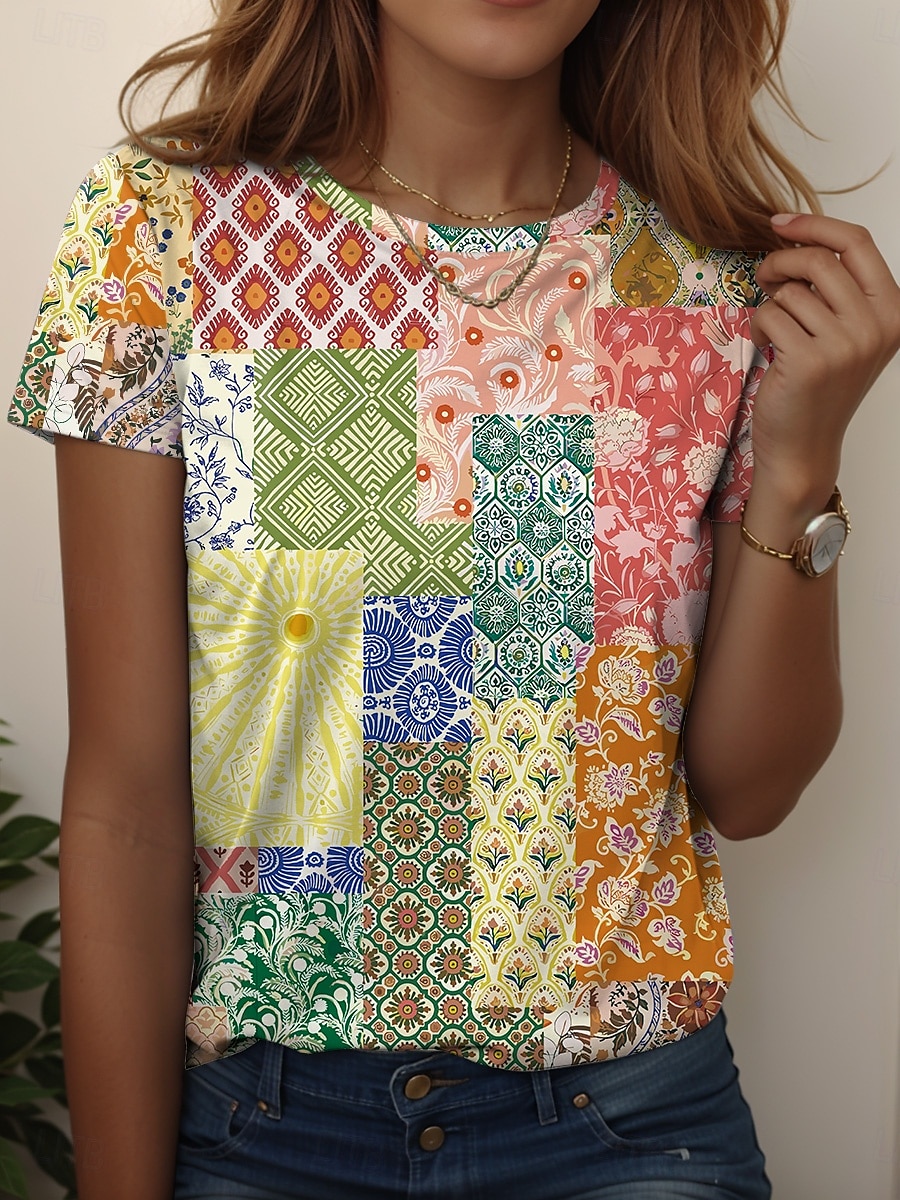 Femmes T-shirt Fleuri Graphique Vintage Élégant Occasionnel Manche Courte Col rond Hauts Réguliers Quotidien Week-end Imprimé Jaune Rouge Bleu Bleu clair Été Printemps de 2025 ? $19.99 –P4