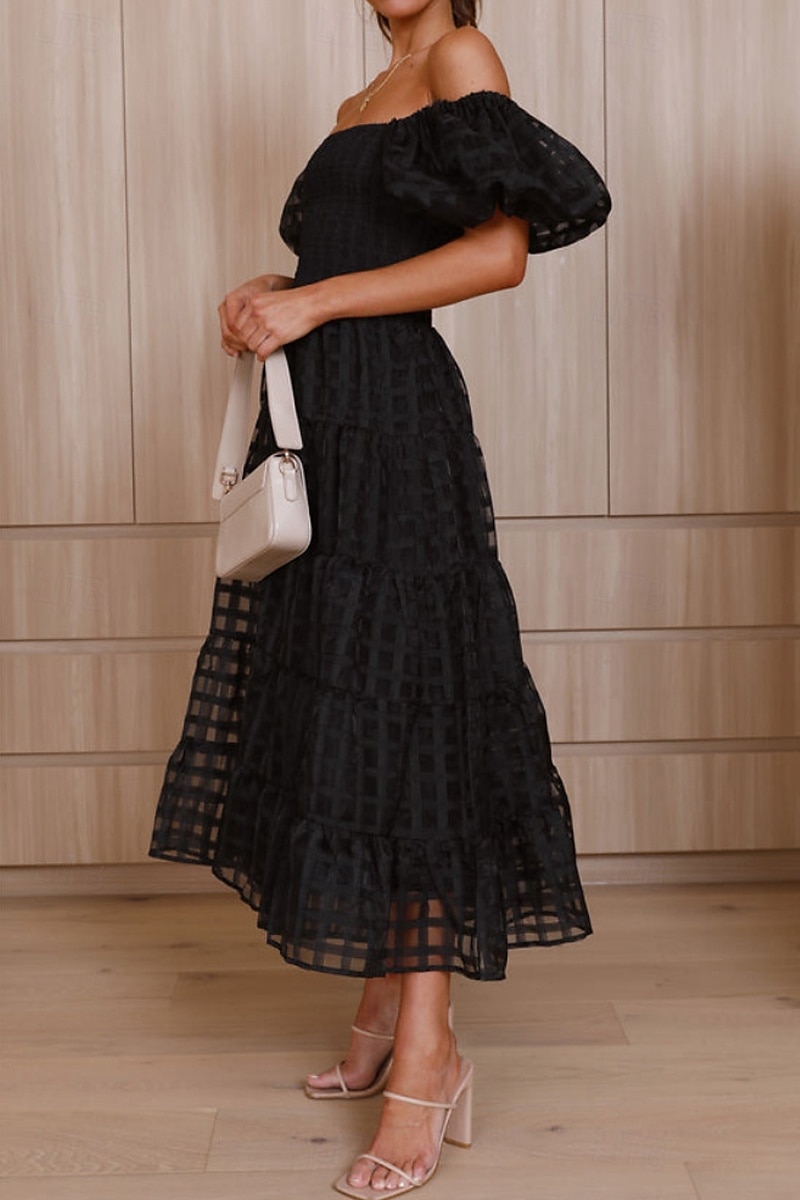 Women's Midi Dress Graduation Dress Fashion Modern Lantern Sleeve Vacation Graduation Weekend Regular Fit Plain Short Sleeve Off Shoulder Black White Yellow Pink Summer 2025 - $27.99 –P10