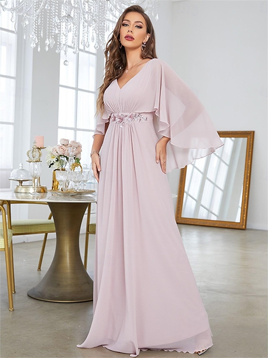 Dress Mother of the Bride Dress Elegant Party V Neck Floor Length Polyester Half Sleeve with Appliques 2025 2025 - $82.99 –P17